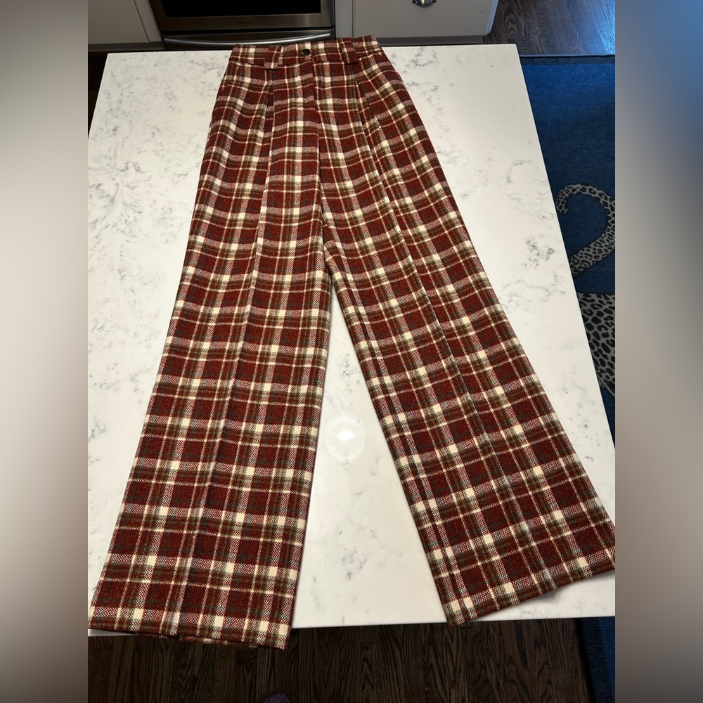 Sézane Theophil Plaid Wide-Leg Trousers in Rust and Cream